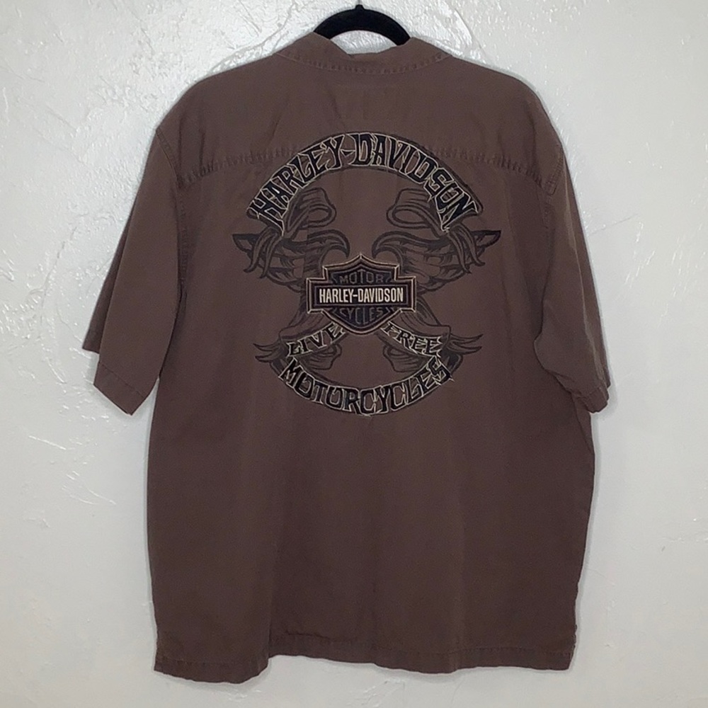 Harley Davidson Live Free embroidered Logo Chocolate SS Button down shirt SZ XL